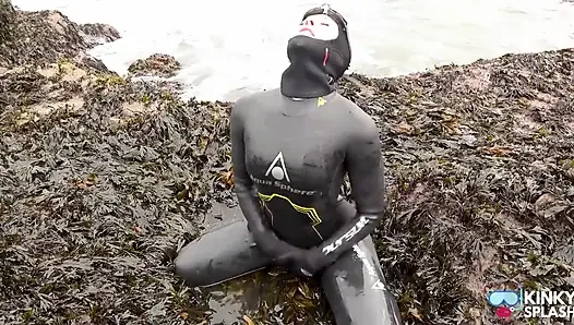 Rubbery Beach Encounter: Lucy's Neoprene Pussy Play with Stranger