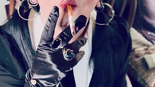 Wednesday Addams, Tina Snua,  Chain Smokes 2 Cigarettes In Satin Gloves - Smoking Smoker Drifts Snap Inhales OMI OME Tip To Tail