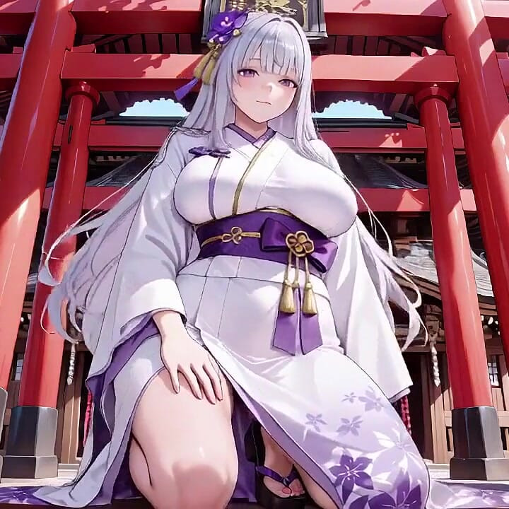 Silver-haired Miko Shrine Secrets! Half-unbuttoned White Kimono, Kneeling Poses and Intense Eye Contact.