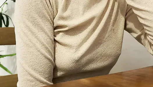 Having Pizza in a sheer blouse in public  in a restaurant exposing my big nipples