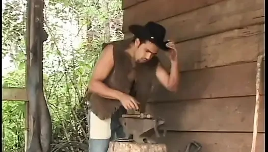 Cowboy stud licks brunette's ass & fills it with big cock