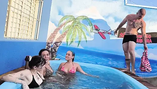 3 naughty friends paying the pool owner on the xerecard