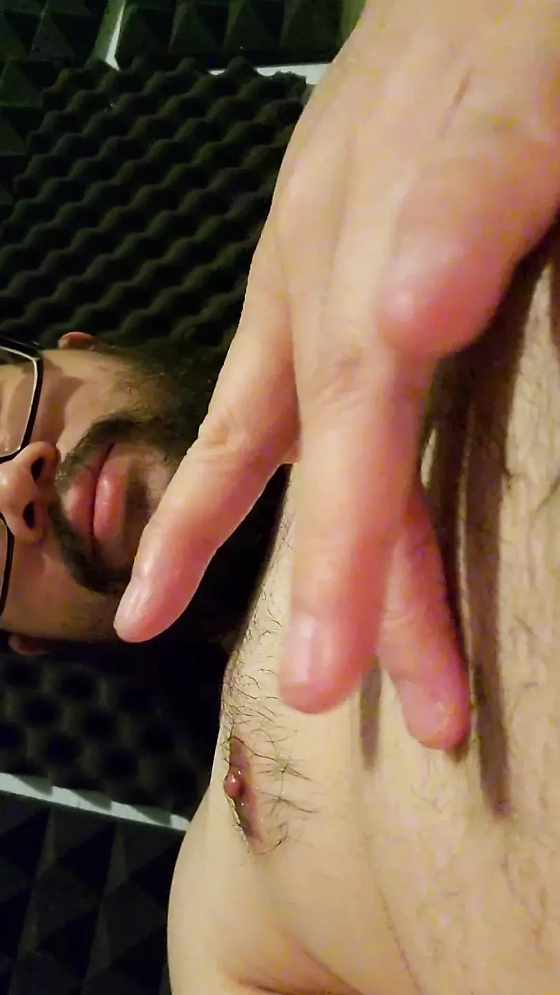 Bear jerking with cumshot and rubbing cum on stomach