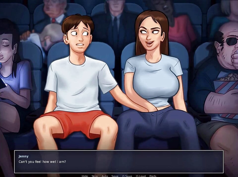Summertime saga: stepbrother fingers his stepsister in the cinema