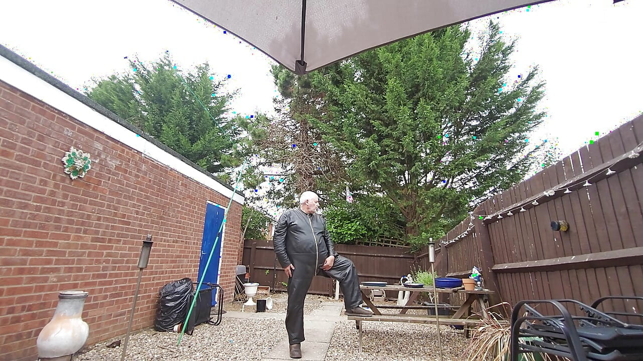Leather overalls outside in the garden