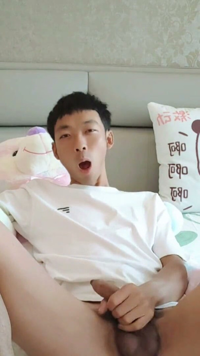Cute Asian boy dorm bed with teddy bear masturbating moaning cum and eating cum | Clip 1