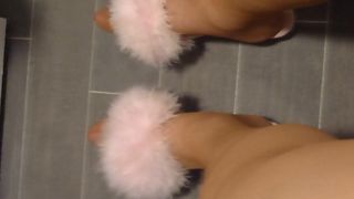 Tan Stockings & Pink Fluffy Slippers