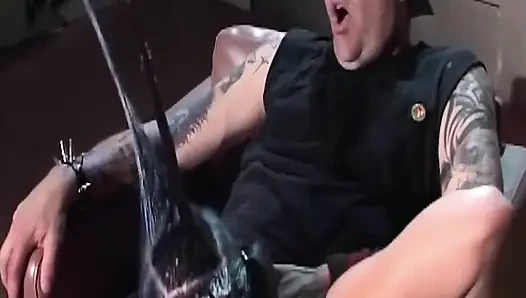 Blue Haired MILF Gags Hard on Handcuffed Stud's Cock