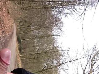 Flash in the woods, with cumshot on the road
