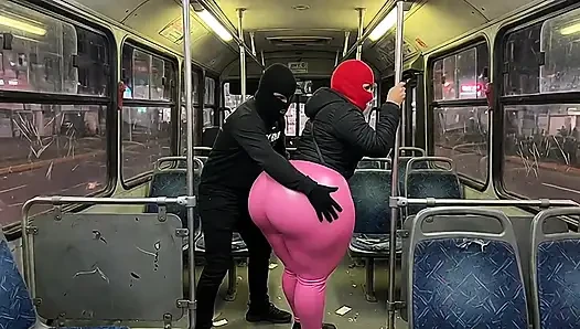 Big Ass Girl in Black Pants Gets Pressed in the Bus and Ends in Black Thong