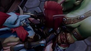 Elf double teamed by an Ork and a Wartroll - Warcraft Parody