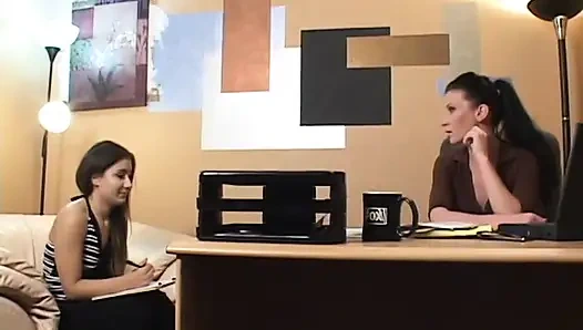 Hot lesbian girls strip nude and lick pussy in the office