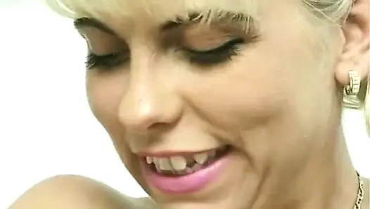 Blonde playing with her new toys