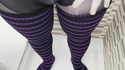 Fat sissy chastity, piss and cum in pantyhose and thigh high socks