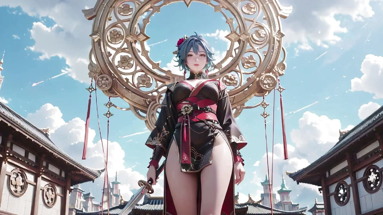 Blue Haired Swordswoman! Berdiri Tanpa Alas Kaki di Atas Awan Mengambang dalam Kimono Hitam Merah!