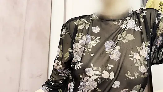 Trying my new sheer blouse in a caffe, showing my hard pierced nipples in public.
