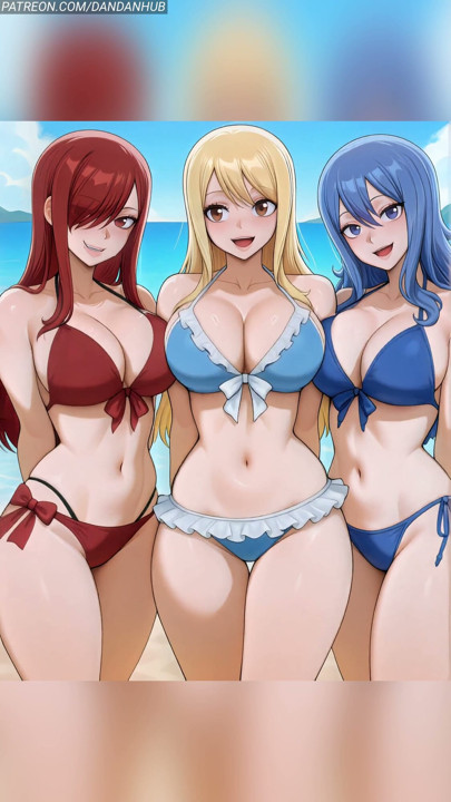 Lucy Erza and Juvia Beach Bikini Bounce - Fairy Tail