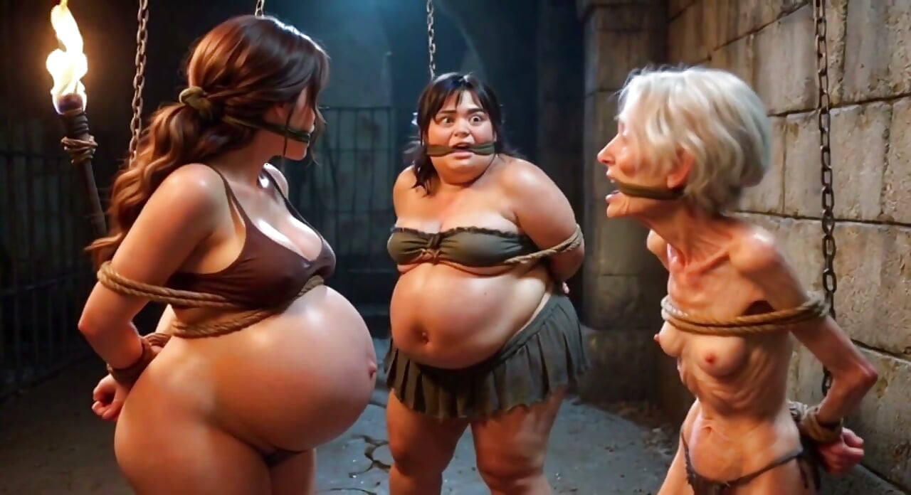 Zwak trio: zwanger, ssbbw en oma vastgebonden in bondagecel