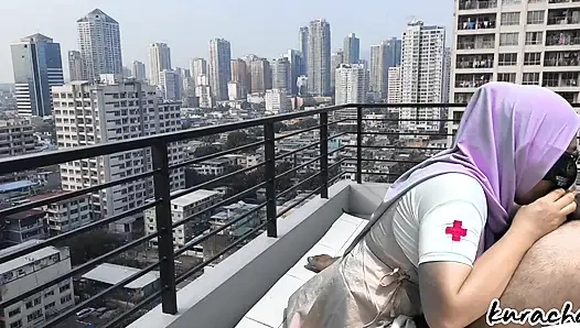 Hijab Cheating Nurse Step Sister blowjob at hospital Balcony