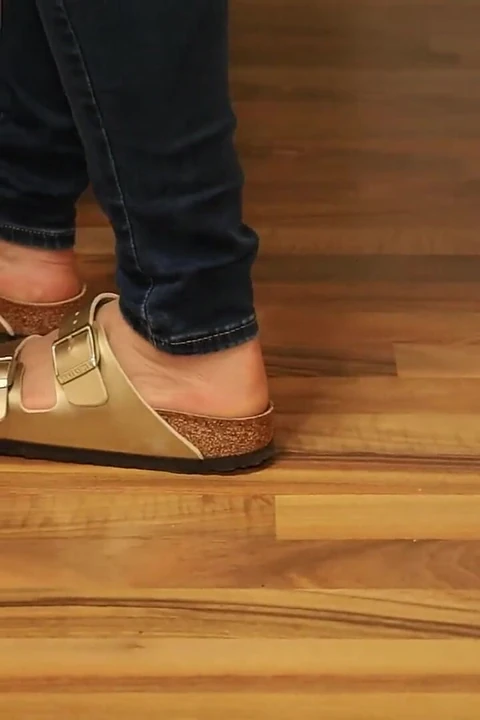 Jeans and Gold Two-strap Sandals - Nylon Feet Tease