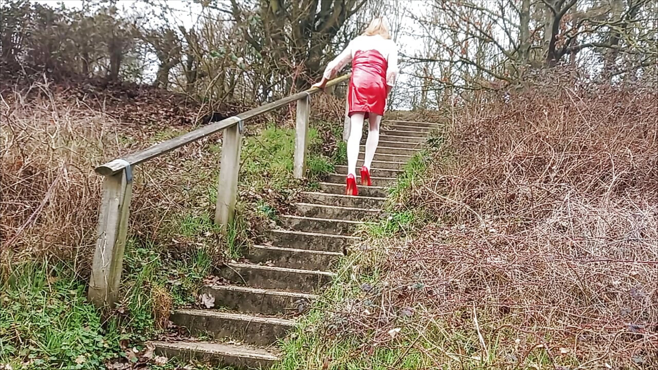 Crossdresser Roadside Wanking in Red PVC