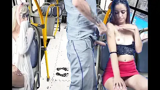 İşçi otobüste yarağı alıyor ve kadınları itiyor