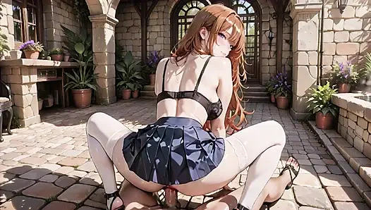 Waifu Jepang semok dengan lingerie putih lacy dicrot di luar ruangan di taman tradisional hentai 3d