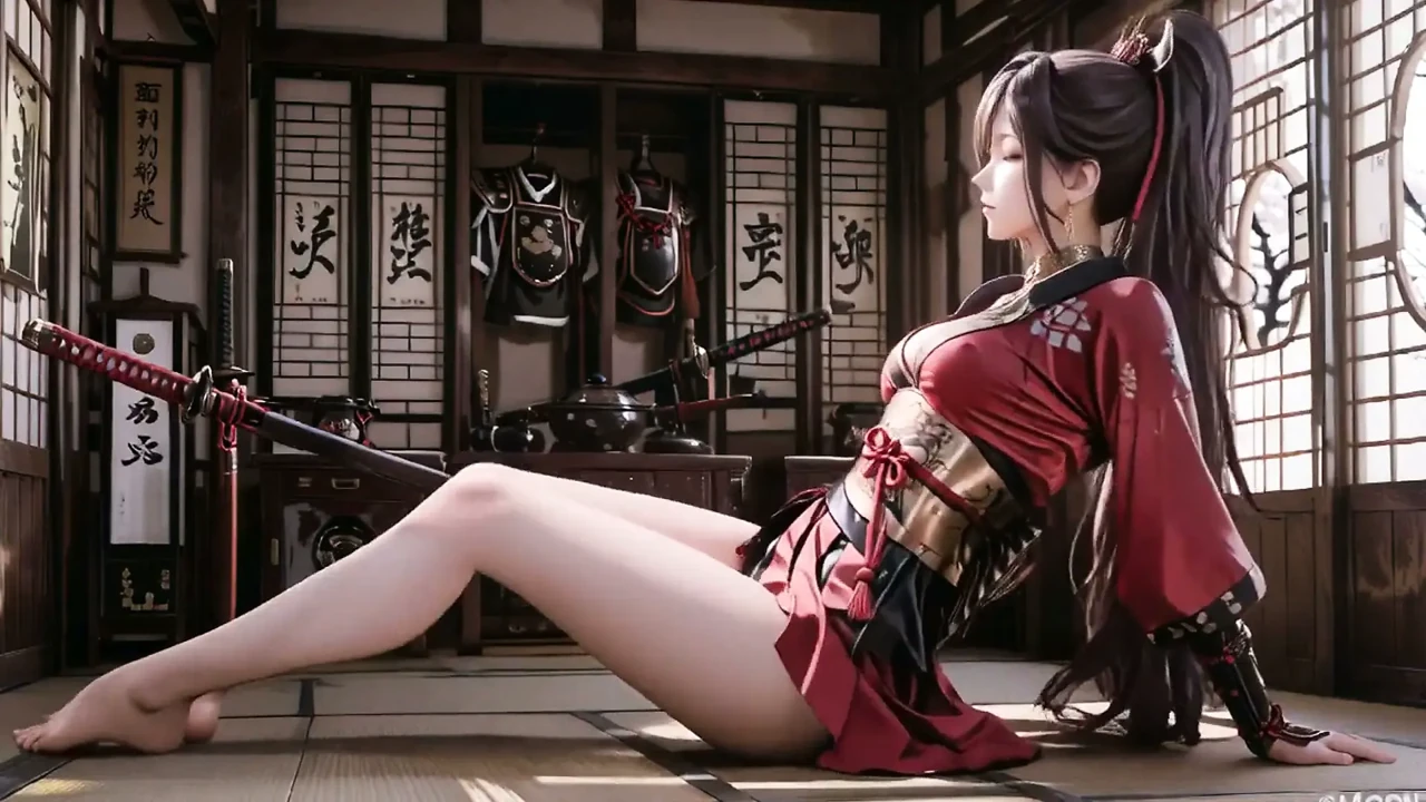 Crimson Samurai! Red-haired Warrior Kneeling in the Sun