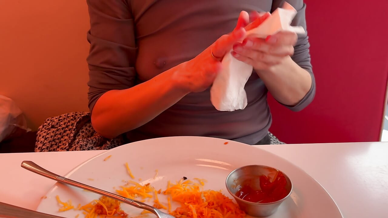 Having lunch in a restaurant wearing totaly sheer top exposing my pierced nipples and sexy boobs