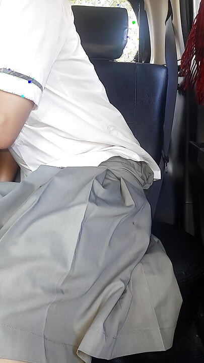 Asian Crossdresser Cum Wearing Grey School Girl Uniform