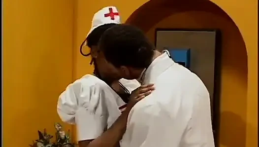 Eager ebony nurse sucks doctor's cock on her knees before getting fucked in his office