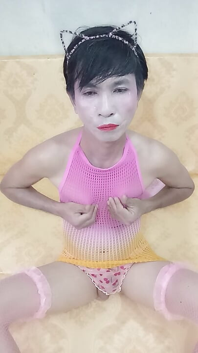 Transgender Oanh Le wears sexy clothes masturbating and ejaculates all over her body