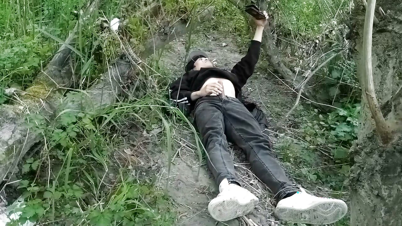 This Gay Twink Sticks His Cock Through His Fly to Jerk off Outside