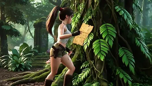 Lara Croft entdeckt Amazonas-Schatz und umarmt schönen blonden Abstammungsgeist in den goldenen Höhlen