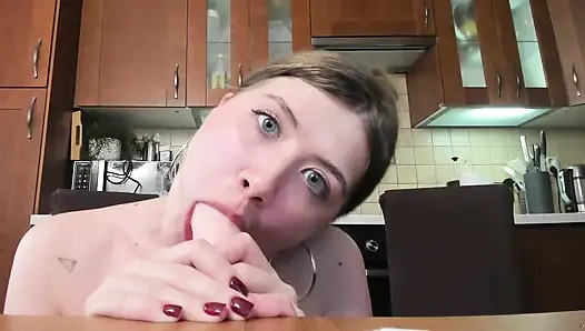 schoolgirl hard fingering her tight pussy and sucking a huge dildo