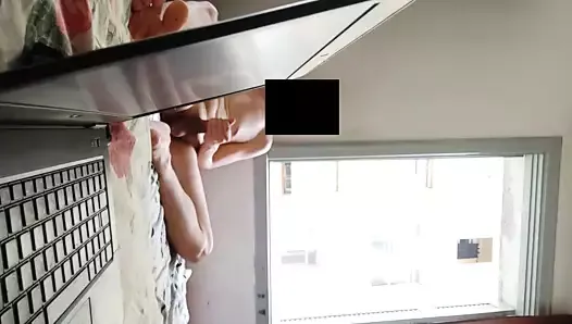 Caught by horny neighbor. Very exposed naked masturbation at open window
