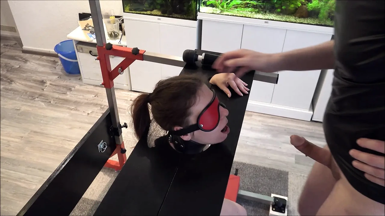 Slave Defenseless in Pillory Driven to Orgasm on Sybian