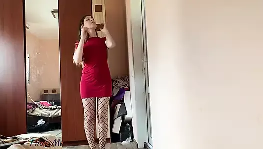 Amy Takes off Red Dress and Fishnet Pantyhose