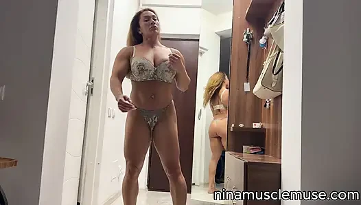 Tall Muscular MILF Poses & Flexes in Tiny Snakeskin Lingerie