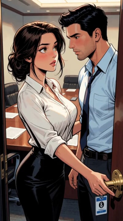 Lonely office slut frees locked-in coworker then gets her holes destroyed by three hard cocks on the conference table.