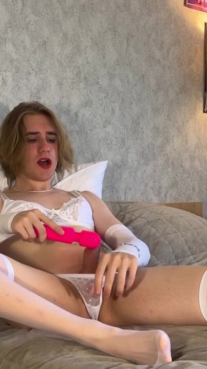 Unforgettable moment from "Loud Cute Femboy In White Lace Lingerie Playing with His Toys"