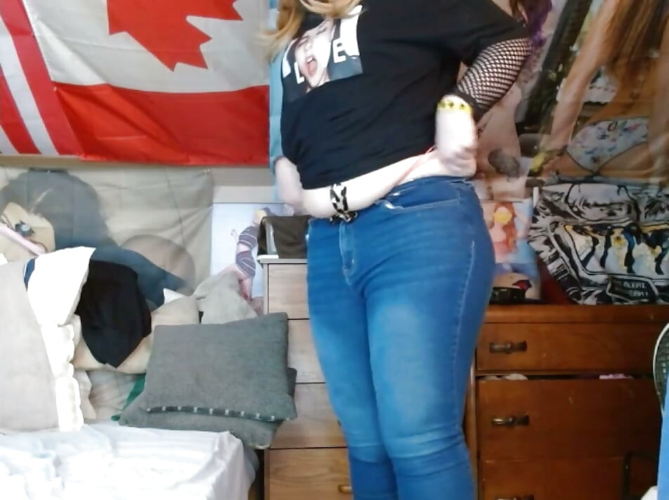fat sissy with tits wearing and stripping out them tight jeans