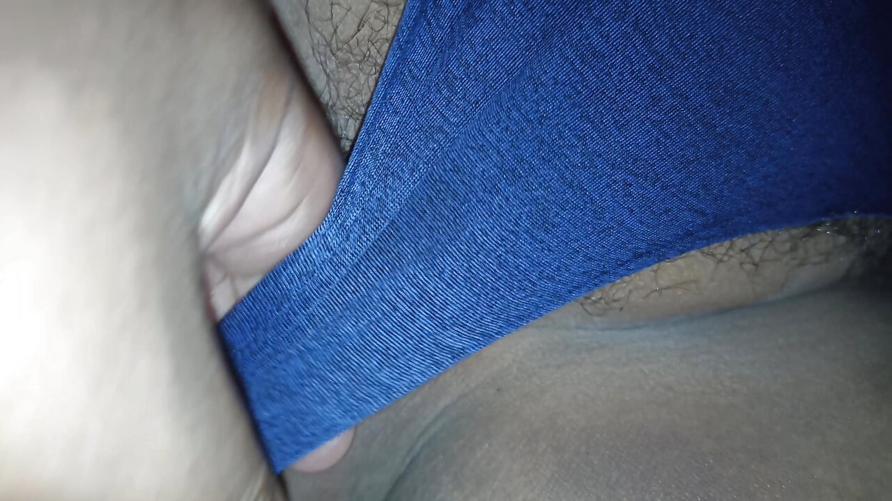 I push my wife's panties aside to see her fat, hairy pussy