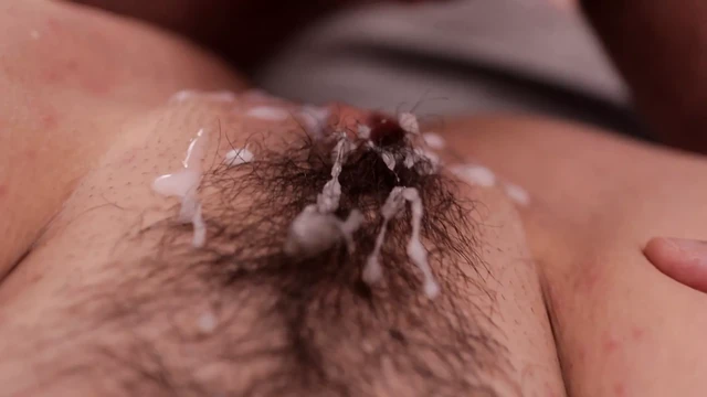 Close up beautiful hairy pussy fuck and cumshot with loud moaning female orgasm