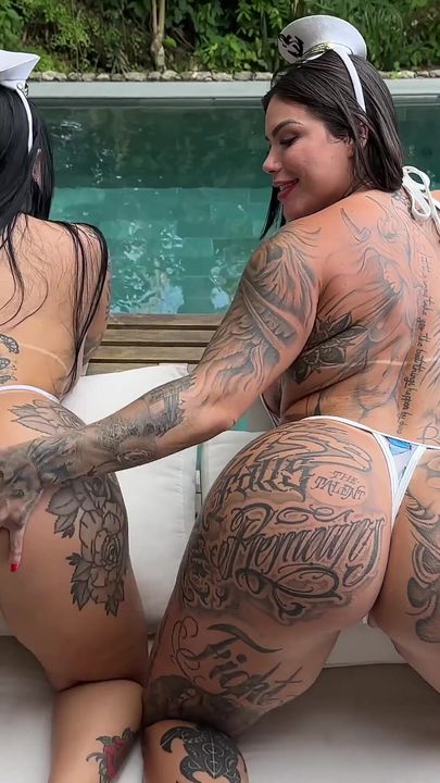 Inked Big Ass Brazilians Thawany Alves and Brena Barbosa Riding Filoufitt Huge Cock