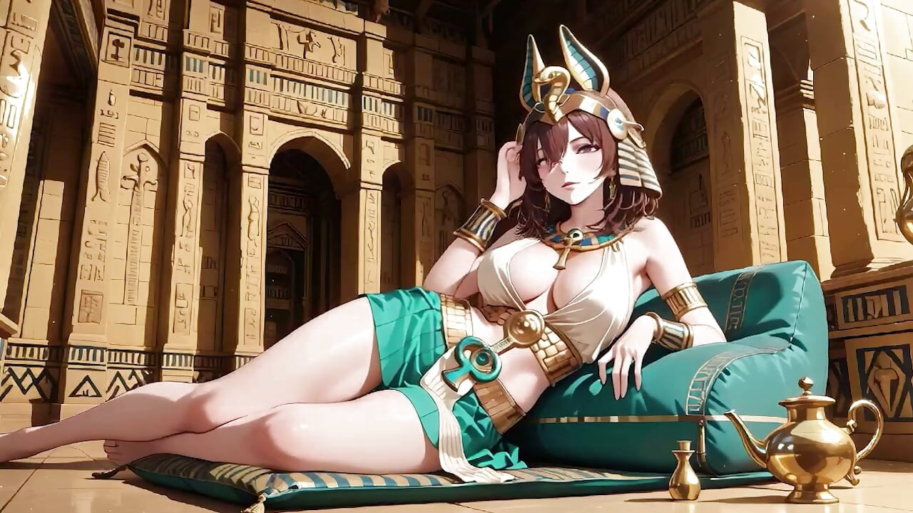 Languid on the golden throne, she runs fingers over her full chest with a hazy, arro