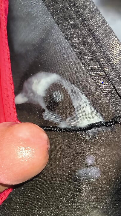 I found these thin, shiny black used worn Pantyhose in my friend's mommy's room and I put them on right there in her room to cum