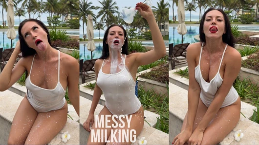 Milking & Getting Messy in See-Through Bodysuit Outdoor