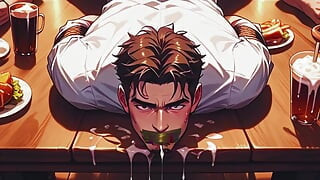 Sexe gay torride avec des serveurs pendant le dîner. Bite bien dure dans le cul et éjaculation sur la nourriture du client.