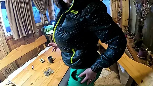 Green Downjacket Tease Smoking, Humiliation & Messy Cum Play
